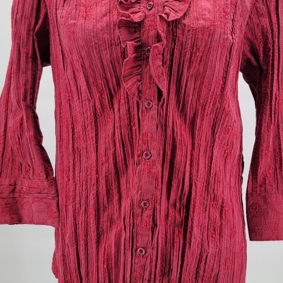 St Johns Bay 3/4 Sleeve Ruffle Womens Large Red Button Up Shirt Blouse - Picture 3 of 8